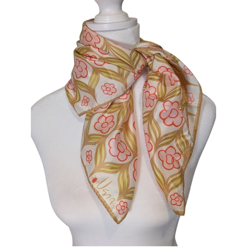 Vintage Vera Neumann Floral Square Scarf Pink Orange Green Acetate Japan Ladybug